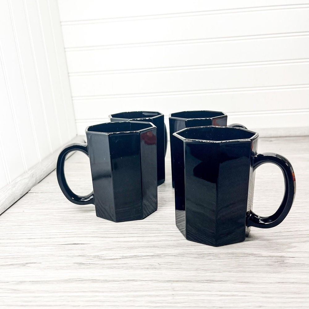 Arcoroc French Geometric Mugs: Black Octagon Coffee Mugs Set of 4